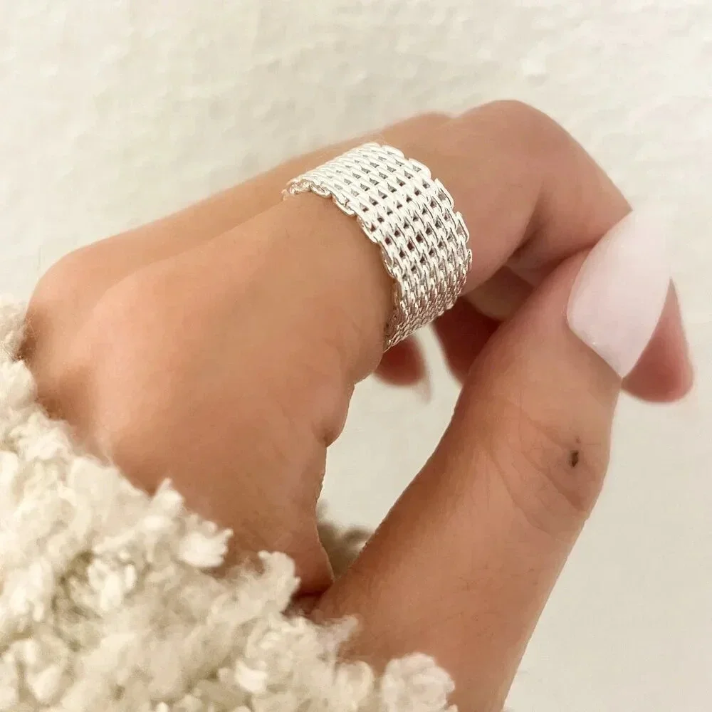 925 Sterling Silver Mesh Ring Weave Ring Woven Ring Band Everyday Ring - Picture 5 of 8